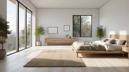 Wall Mural - Minimalist Bedroom with Wooden Bed, Large Windows, and a View of Greenery