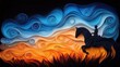 © Kittipong - Silhouetted person riding a horse in a meadow at dawn, featuring detailed grass and flower patterns and a gradient of cool blues and warm oranges