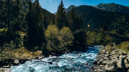 Wall Mural - Cat Bridge. Old historical stone bridge located on the stream in Rize Camlihemsin. Photo of the man with the yellow hoodie standing on the bridge.