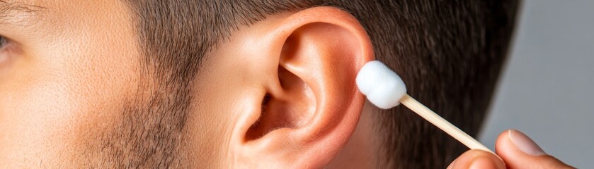 close-up of a man's ear being cleaned with a cotton swab, healthcare, hygiene, earwax removal, audiologist, ear care, health, hygiene, ear, swab, cotton, wood, stick, man, close-up, cleaning,