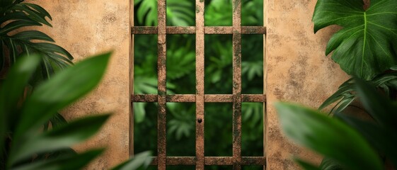 Wall Mural - rustic wooden window frame with lush green foliage and blurred background - natural texture and trop