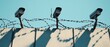 © AucArtStudio - security cameras mounted on wall with barbed wire fence - surveillance system and protection concept.