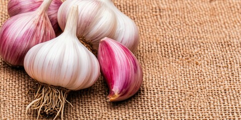 fresh organic garlic cloves on rustic burlap background - close-up view of aromatic whole garlic bulbs with purple skin and white flesh - food photography, healthy ingredient, culinary herb