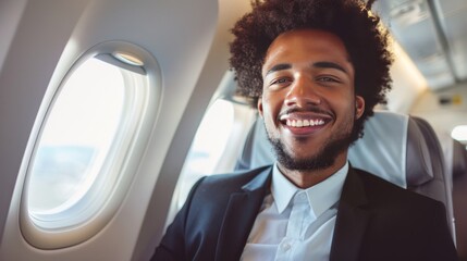 Wall Mural - Smiling African American Businessman Flying in Airplane