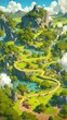 © Lu - Enchanted Forest Game Board: Top-View Fantasy Landscape with Floating Islands. Abstract Anime-Style Concept Art for Video Games, Book Illustrations, and Marketing Campaigns. Minimalist Digital Paintin