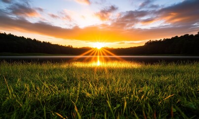 Wall Mural - stunning sunset over tranquil lake with golden rays reflecting on water and lush green grass in foreground