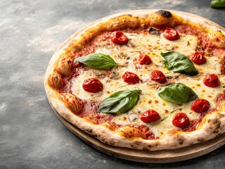 delicious homemade pizza with cherry tomatoes, mozzarella cheese, and fresh basil on rustic wooden board.