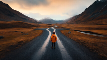 Wall Mural - Person in an orange jacket standing on a winding road in a mountainous landscape during a sunset.