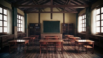 The inside of a classic school classroom featuring wooden flooring and furnishings.