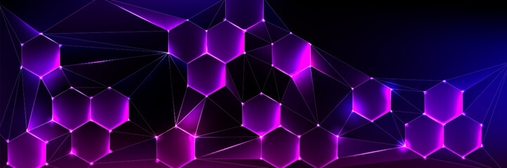 Wall Mural - medical or tech dark background with purple hexagon abstract pattern and bright flare. realistic 3d 