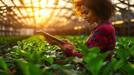 Young woman farmer using a tablet in a greenhouse.