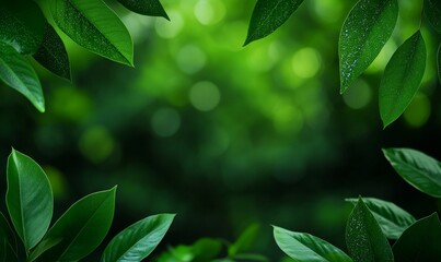 Wall Mural - lush green leaves frame with blurred background - natural summer foliage border for eco design and n