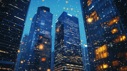 Sticker - Nighttime view of city skyscrapers, with illuminated windows and vibrant lights creating a lively urban atmosphere.