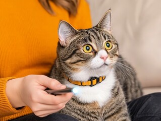 woman playing with cat using laser pointer - pet owner enjoying playful interaction with curious feline - adorable tabby cat with yellow eyes looking at laser light.