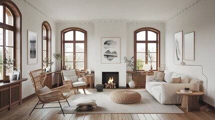 A modern living room with a Scandinavian and hygge design, white sofa with a wicker pouf i, a rattan lounge chair, A white coffee table.