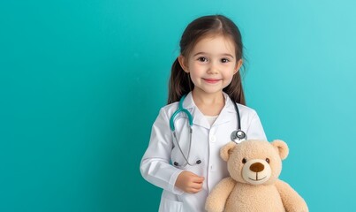 adorable little girl dressed as a doctor with a teddy bear, smiling with a stethoscope around her neck, blue background