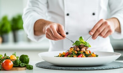 professional chef carefully arranging fresh ingredients on a plate in a modern kitchen setting.