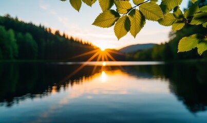 Wall Mural - tranquil sunset over a serene lake with green foliage and mountain range in the background - nature photography.