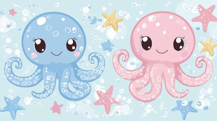 Sticker - With this modern illustration set, you'll find a variety of cute sea animals, including ocean baby crabs, turtles, octopus, dolphins, seahorses, shells, starfish, and whales.