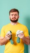 © AucArtStudio - sad man holding mismatched socks, feeling disappointed and frustrated, lost sock syndrome, laundry day mishap, household chaos