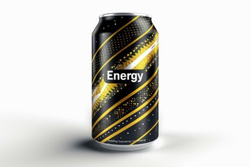 a sleek black-and-gold energy drink can with a dynamic design stands on a light background, ideal fo