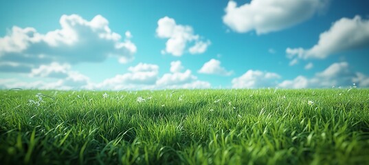 Green grass field and blue sky background. Generative AI technology.	
