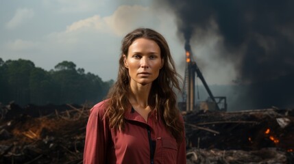 Sticker -  a woman with a serious look, standing in front of a backdrop of deforestation, 