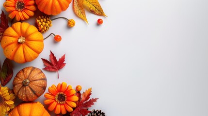 A captivating autumn floral border showcases colorful pumpkins, assorted leaves, and bright flowers against a clean white background, ideal for seasonal promotions or decor