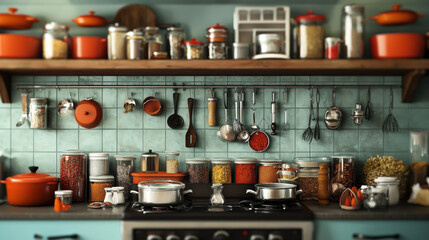 Poster - A kitchen with jars of various ingredients and cooking utensils on shelves and hanging on the wall. Two pots on a stove top, with spices and other ingredients in containers stored above.