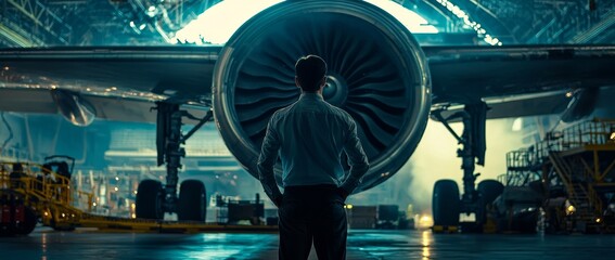 Mechanic standing before a large passenger airplane