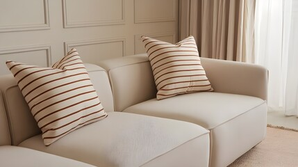 A beige fabric sofa with two white and terra cotta striped pillows in a French country home interior design modern living room. The walls are painted white, and there are beige curtains.