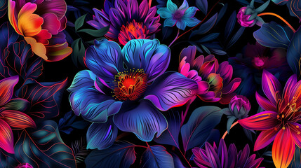 Intense and vivid close-up of abstract floral patterns with dark background.