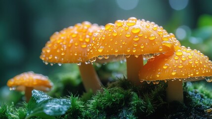 Wall Mural - Orange Mushrooms with Dew Drops