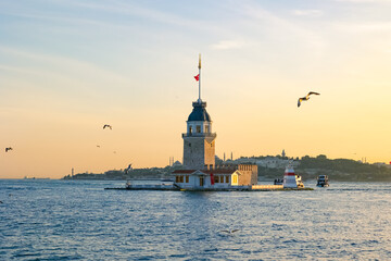 Kiz Kulesi aka Maiden's Tower view at sunset with seagulls