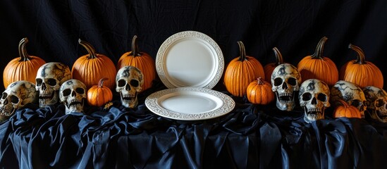 Wall Mural - Halloween scene with skulls, pumpkins, a white plate, set against dark fabric.