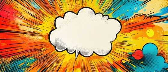 Colorful comic background with explosion effect and blank speech bubble for creative design or storytelling.