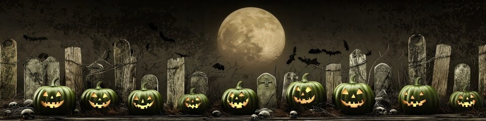 Wall Mural - Olive green jack-o'-lanterns and a beige moon adorn a dark graveyard with wooden planks.