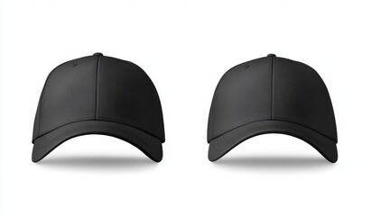 Black baseball cap with shadow templates, front views isolated on white background. Mockup. Views from the front and sides.