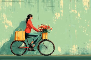 Stylized artwork of woman on bike with flowers and bags