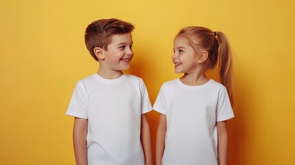 Male and female child, boy and girl, siblings wearing bella canvas white shirt mockup, at yellow background. Design tshirt template, print presentation mock-up. copy space for text.