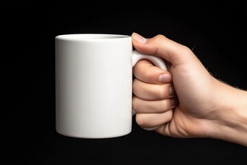 Close-up of a man holding a white mug of hot beverage outdoors. A black background surrounds the hand holding the mug. Copy space available for text. Close up image.