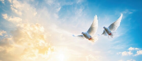 Two white doves gracefully soar through a bright blue sky, symbolizing peace and freedom amidst fluffy clouds.