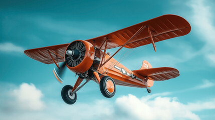 Red vintage biplane flying in a clear blue sky with scattered clouds.