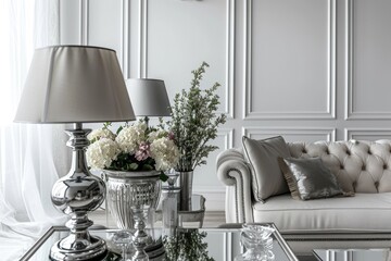 Elegant White Apartment Interior with Grey Sofa, Silver Tables, and Lamps. Home Decor with Flowers and Cozy Armchair.