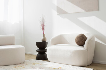 view of modern scandinavian style interior with sofa and trendy furniture, home staging and minimali