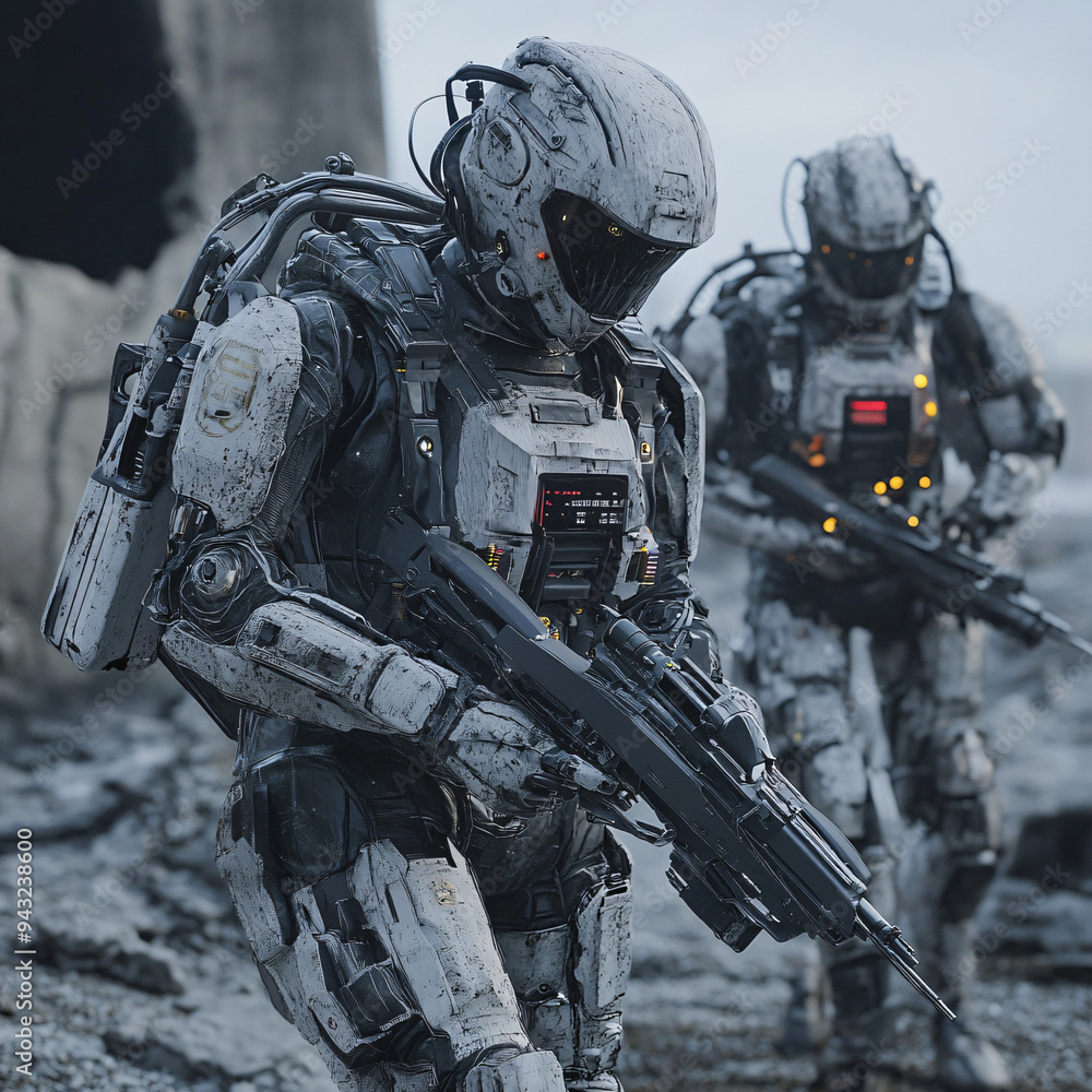 AI-controlled exoskeletons enhancing human capabilities in a futuristic ...