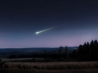 Wall Mural - landscape with a falling star. meteor in the night sky. bright bolide over fields.