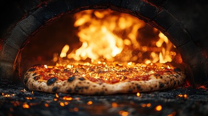 Pizza Baking in a Wood-Fired Oven