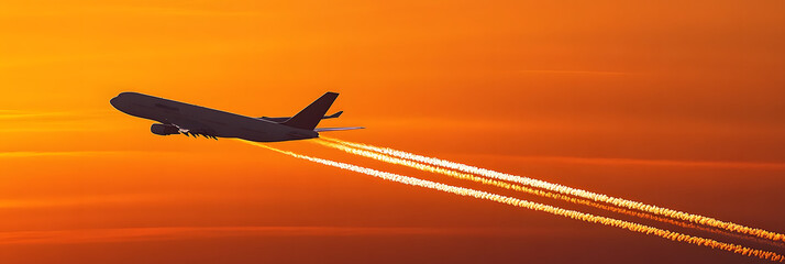 Poster - A commercial airplane flying through an orange sky during sunset, leaving a trail of white exhaust behind and Copy Space