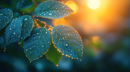 Wall Mural - Dewdrops on Leaves at Sunset